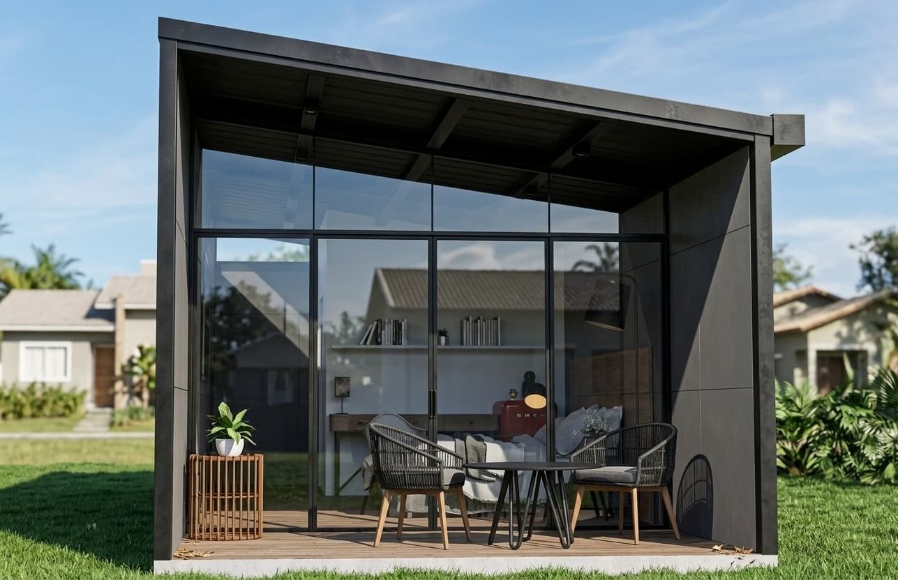 Frente vidriado de CRUDO 01 con estructura negra, deck de madera y sillones exteriores