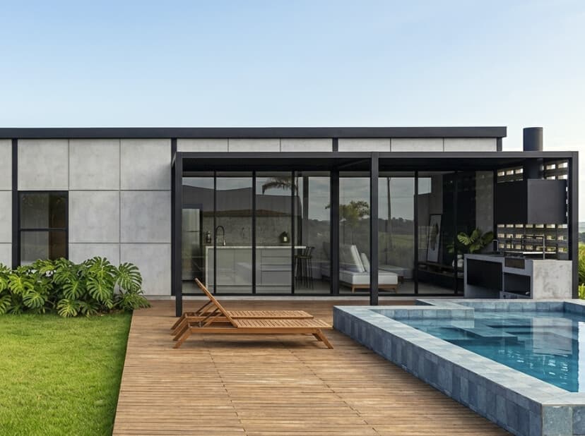Fachada de CRUDO 03 con galería vidriada, deck de madera y pileta